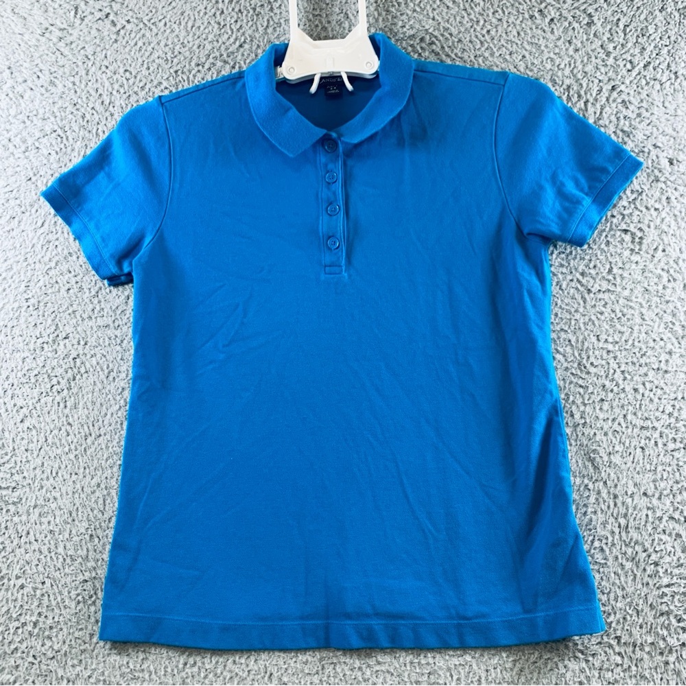 Lands' End Polo Shirt Women's Cuff Short Sleeve Cotton Blend Blue Petite XS‎ 2-4